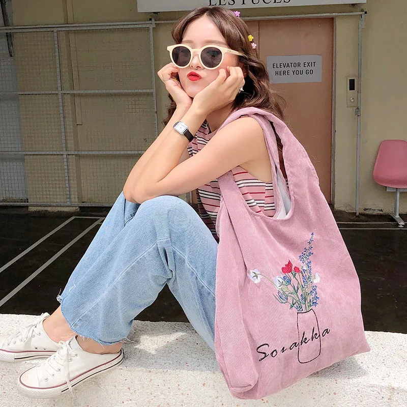 

Corduroy Shoulder Bag Flowers Embroidery Female Literary Cloth Handbag Casual Tote Eco Simple Shopping Bags for Girls