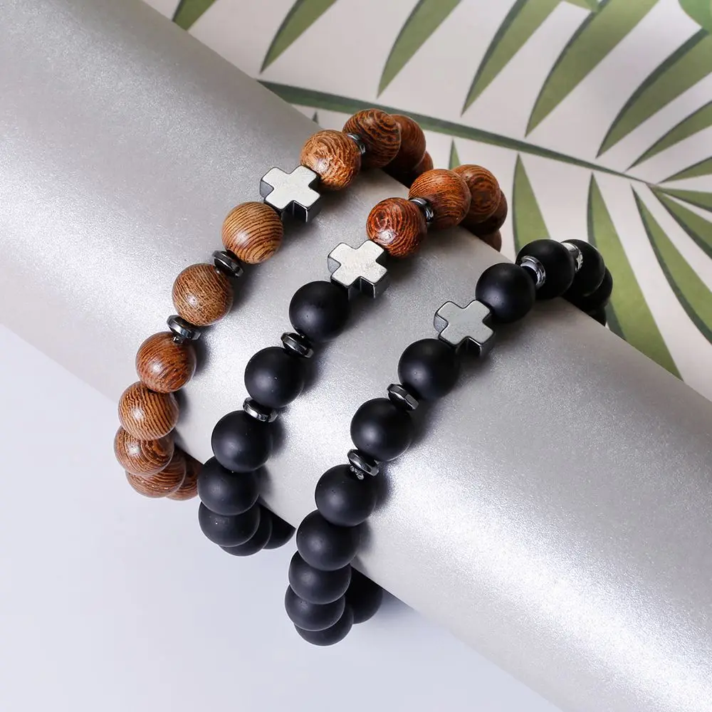 Fashion Natural Stone Beads Bracelet For Women Men Wood Bead Frosted Stone Cross Gasket Splicing Stretch Bracelet  Jewelry Gift