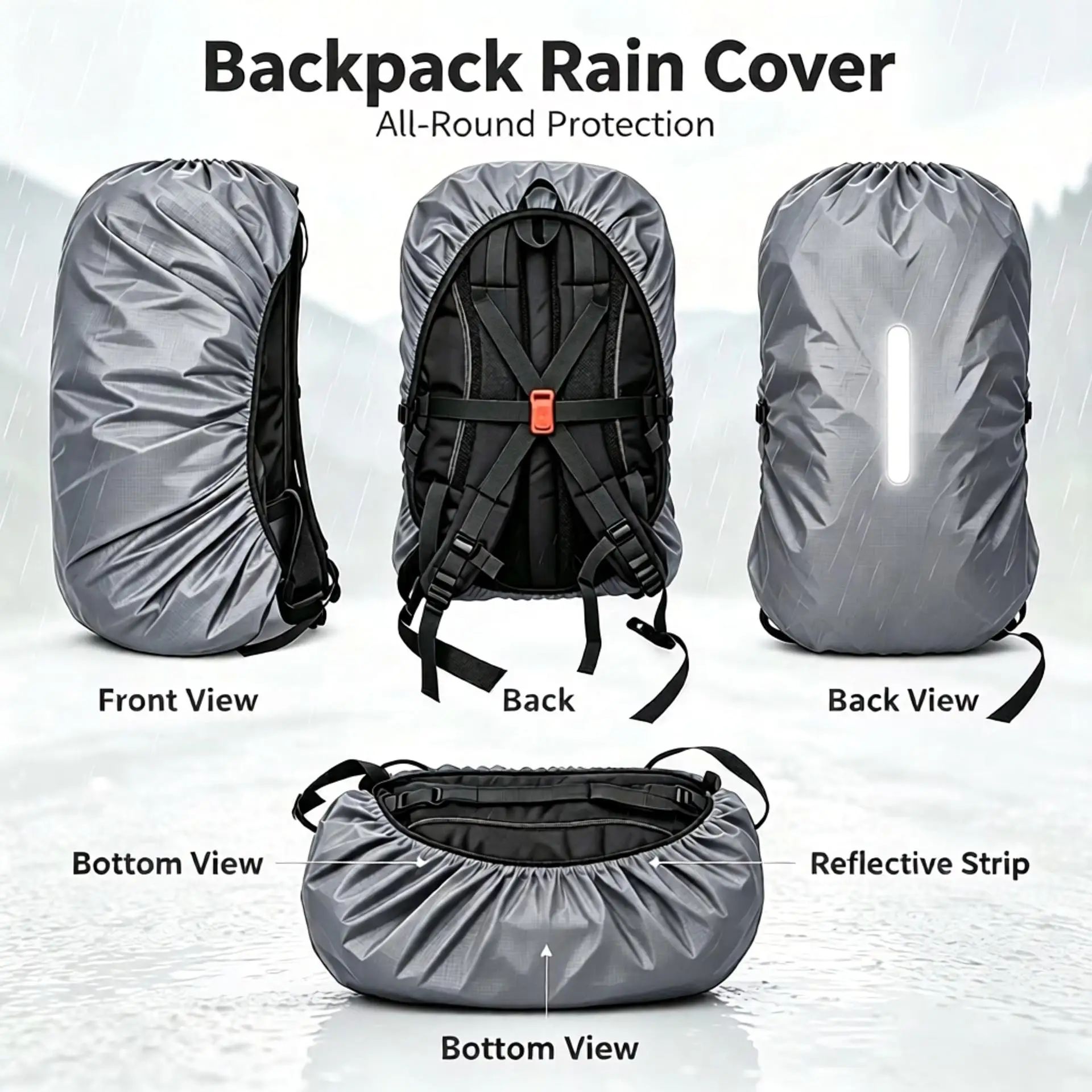 Ultralight Hi-Visibility 35-80L Backpack Rain Cover Reflective Strip Anti-Dust for Hiking Camping Cycling Travel