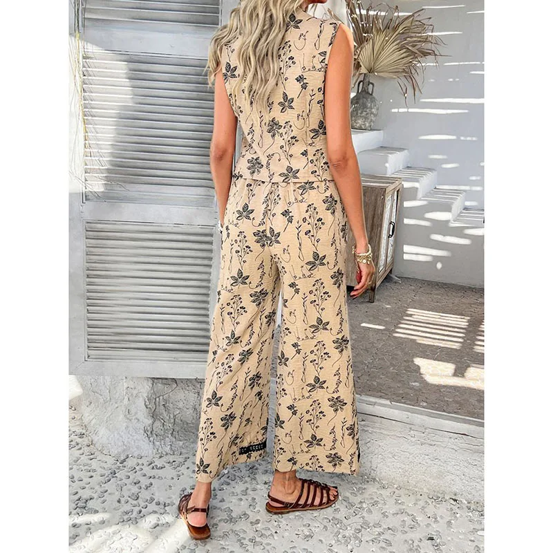2026 New Bohemian Printed Lace Cardigan Vest Long Pant Suit Women Set Spring Summer Women Vest Top + Wide Leg Pant Two Peice Set