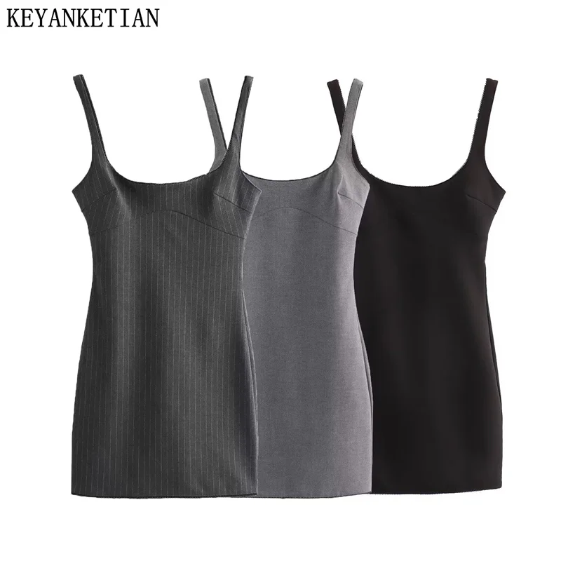 

KEYANKETIAN 2024 New Launch Women's Striped Halter Dress Hot sweet Sexy Back Zipper Slim Backless Sleeveless Tight Mini Dress