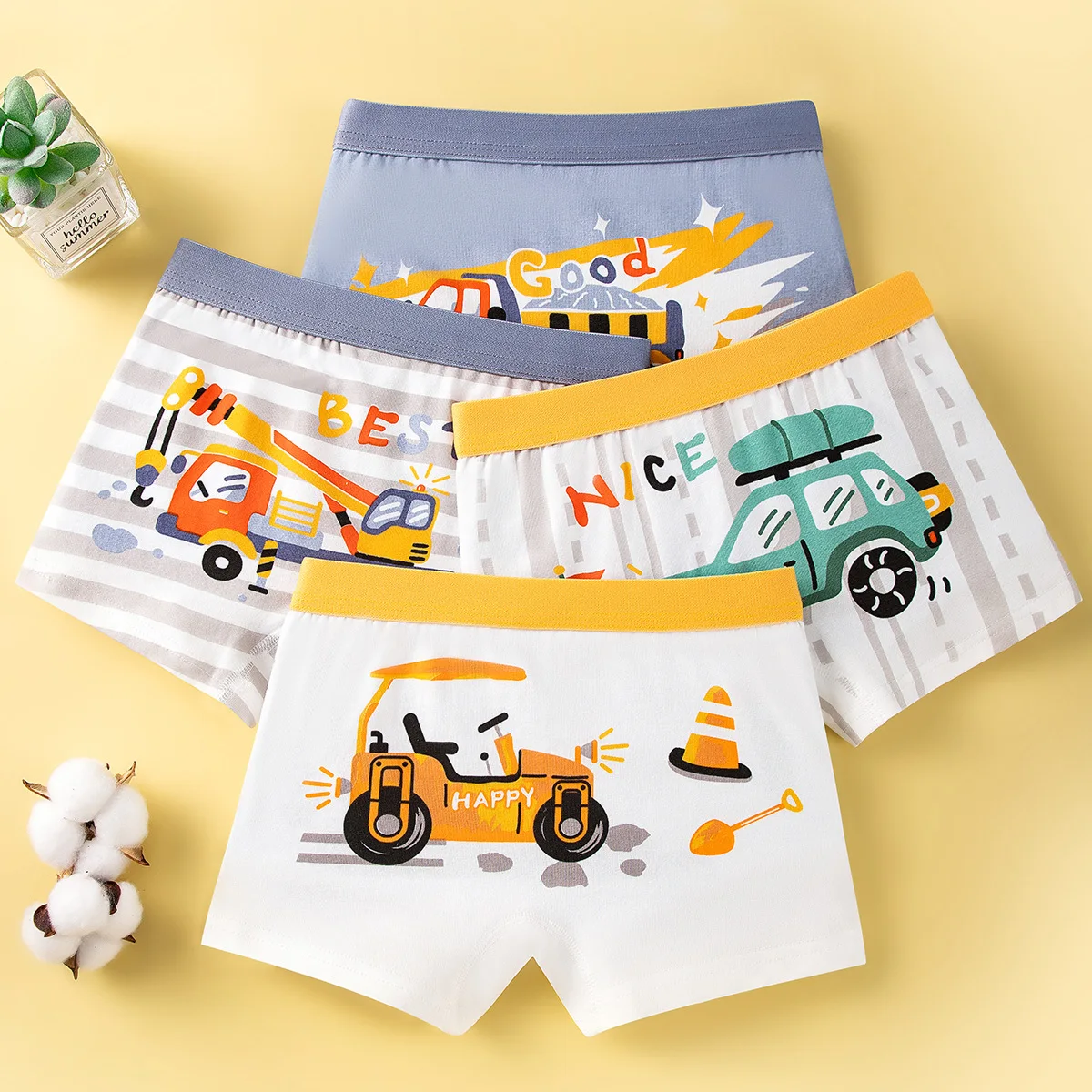 Fashion Underwear for Toddler Boys Cotton Engineering Vehicle Print Boxers for Children Summer Kids Comfortable Underpants 4Pcs