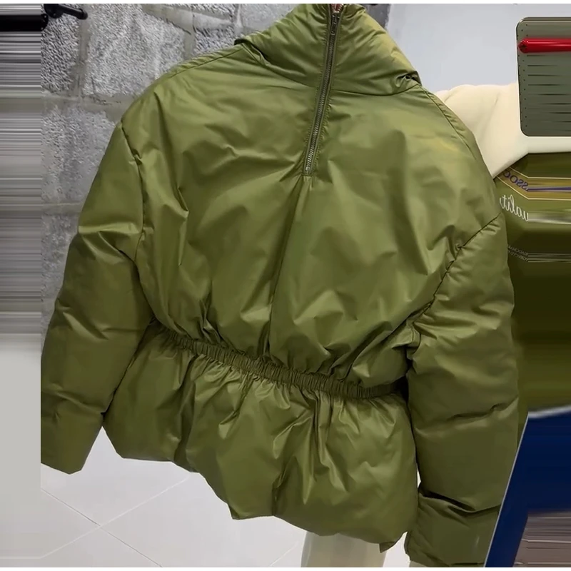 Glossy Stand‑Collar Drawstring Waist Back Zip‑Up Puffer Coat 2026 Winter Women Warm Padded Jacket Trendy Lady Cotton‑Padded Coat