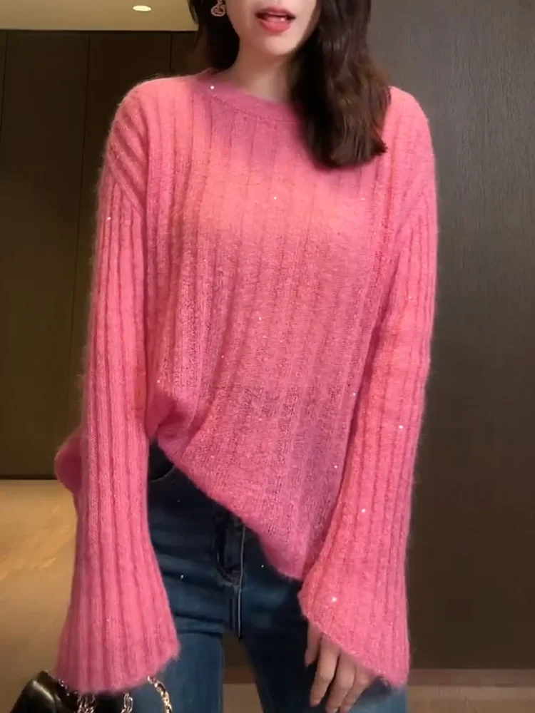 

Розовый вязаный свитер Ele с круглым вырезом и пайетками, женский топ больших размеров, осенне-зимний, модный, универсальный, стройнящий, для повседневной носки