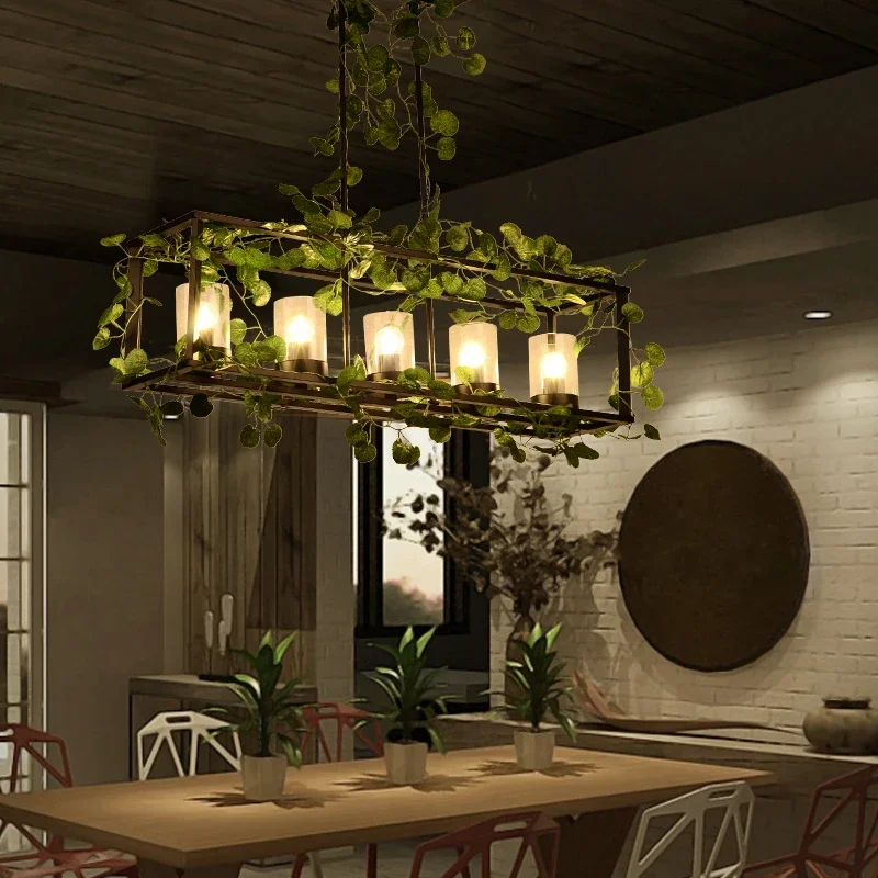 Retro Style Iron Bird Cage Green Leaf Decoration Chandelier for Restaurant Holl Bar Dining Table Garden  LED Lamps Indoor Decor