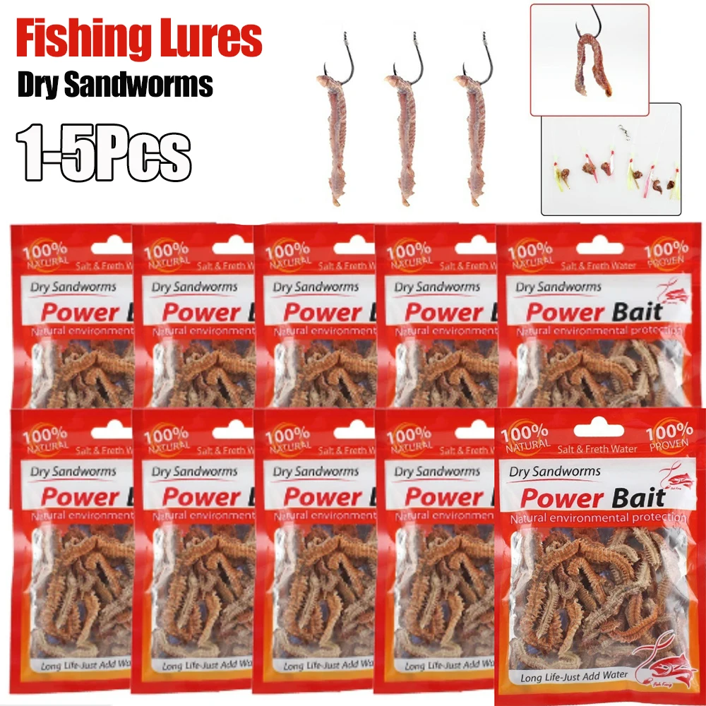 1-5Pack Natural Dry Lugworm Sandworms Artificial Sea Worms Soft Fishing Lures Soft Artificial Bait Lifelike Fishy Smell Lures