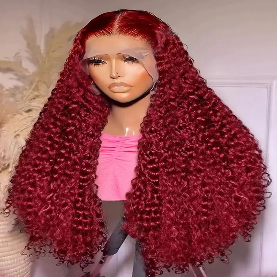 موجة عميقة 99J أحمر بورجوندي اللون الاصطناعية 13X4 الدانتيل الباروكة الأمامية للنساء السود قبل قطعها مع شعر الطفل سحب كوين تأثيري