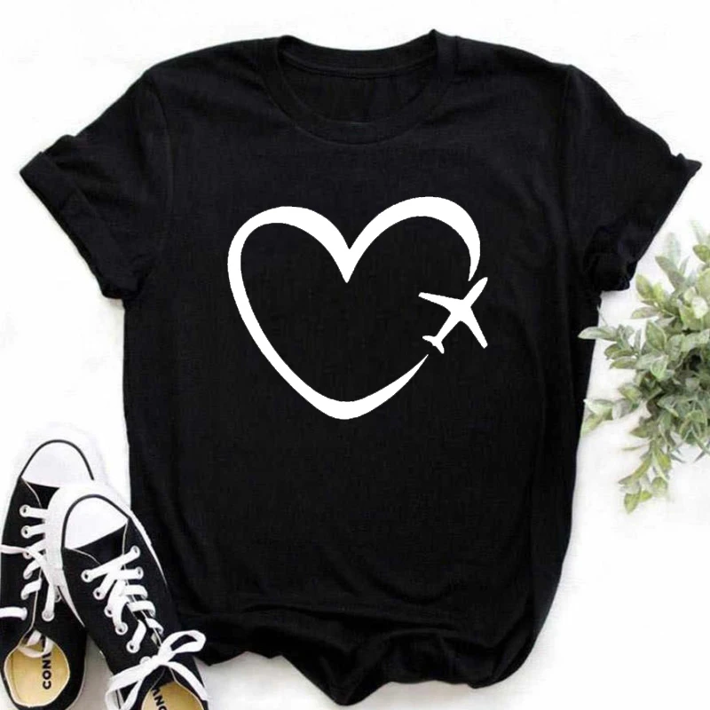 Travel Plane Heart Love Print Women Tshirt Fashion Casual Funny Short Sleeves T Shirt Gift Lady Yong Girl Top Tee