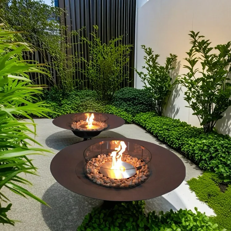 Modern Round Freestanding Steel Fire Pit Bioethanol Tabletop Fireplace for Indoor & Outdoor Use