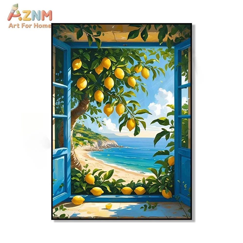 AZNM Mediterranean Blue Window Lemon Tree Canvas Wall Art Seaside Coast Summer Scenery Oil Painting Print Unframed Canvas Kitche view 2