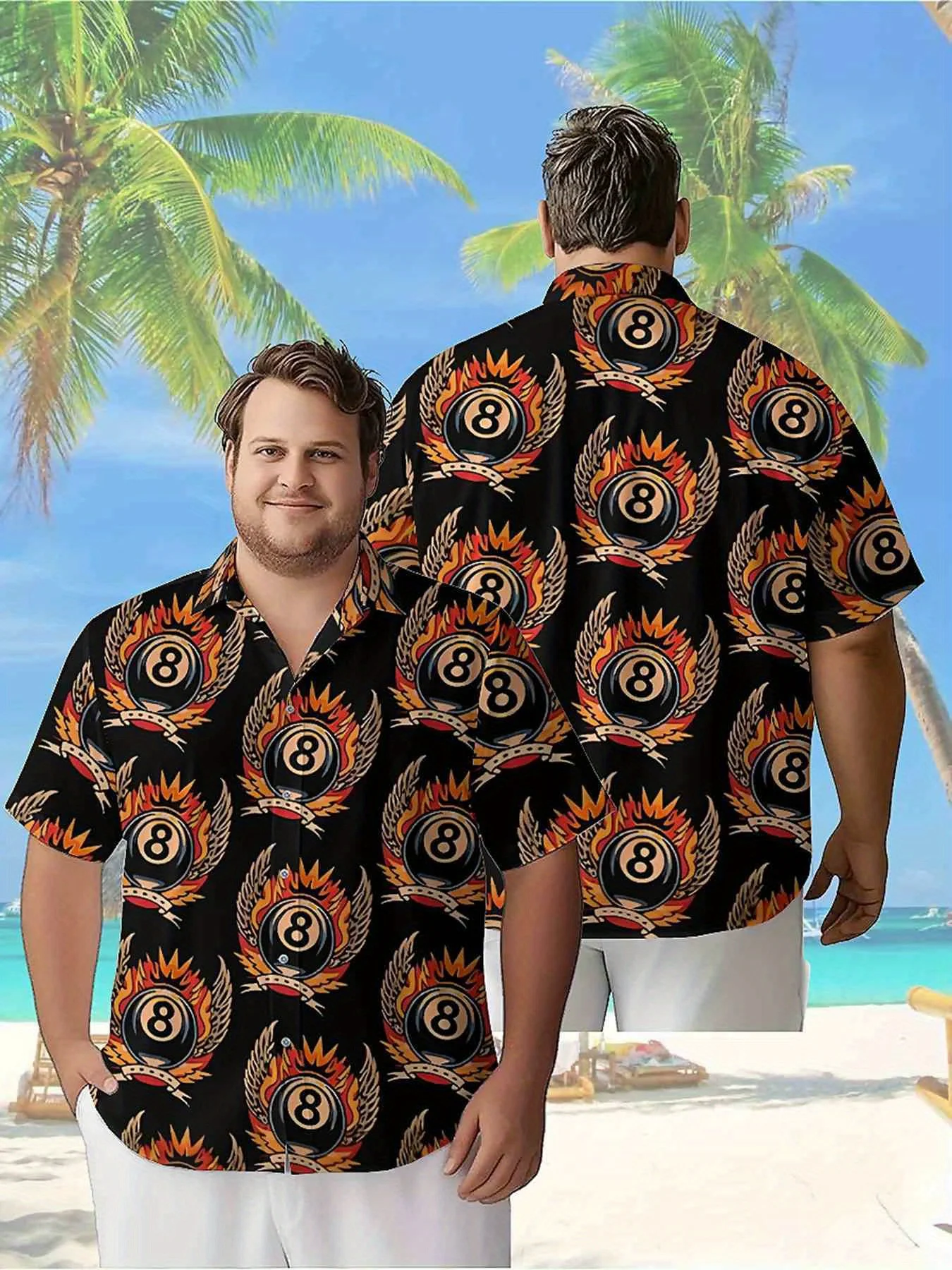 Men's Plus Size Hawaiian Shirts Flame and 8-pin Bowling Ball pattern, Unisex Aloha Shirts,New in Summer Tops Tee,streetwear