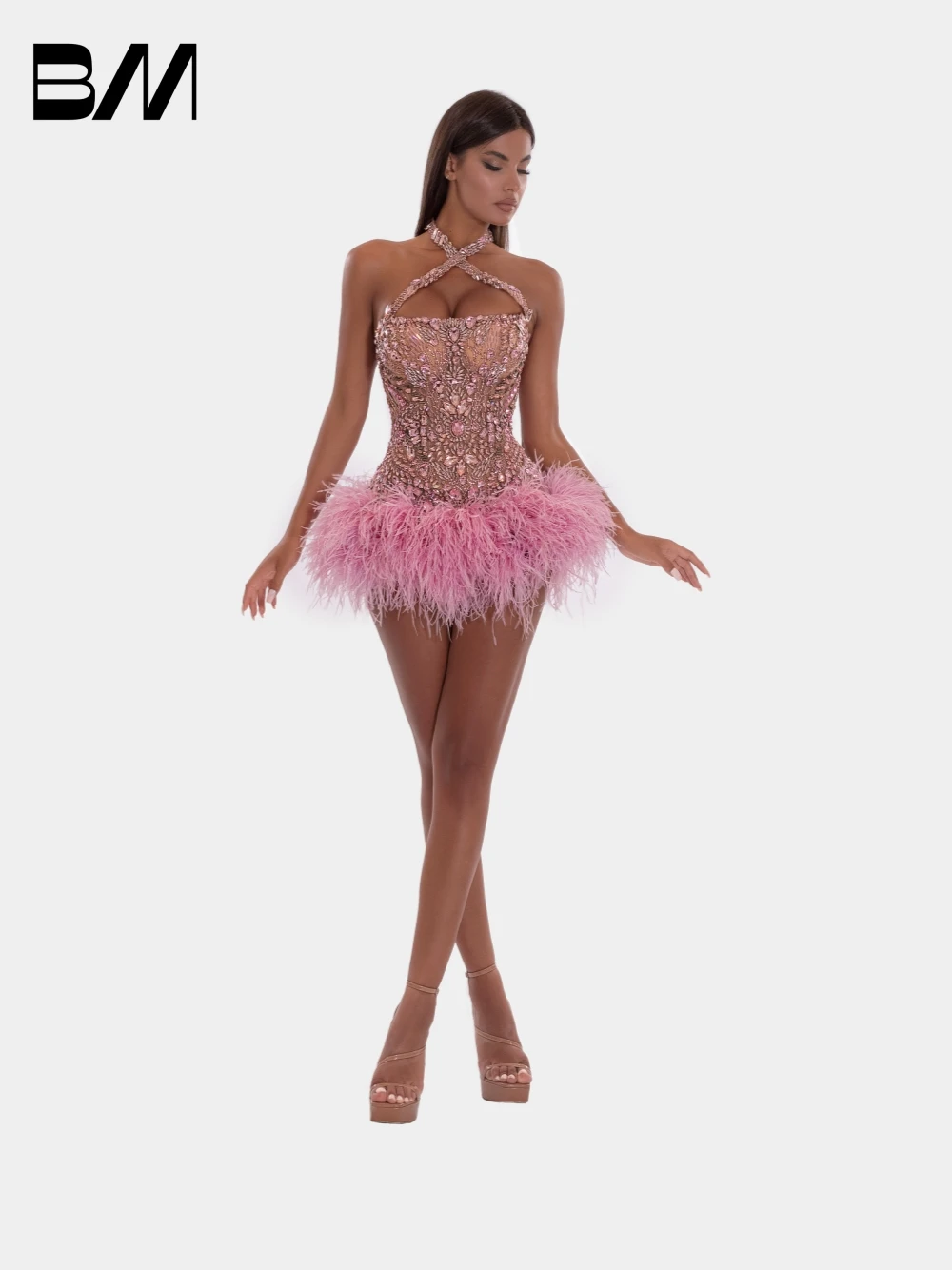 

Sexy Feathered Mini Evening Dress Luxurious Crystals Party Prom Gown Pink Cocktail Beaded Customized Women Vogue Club Wear