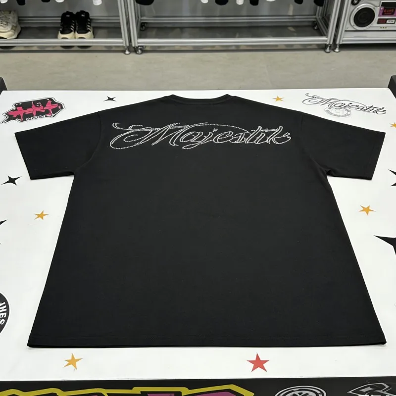 Vintage Street Outfit MAJESTIK Tshirts White Ink Direct Spray Mechanical Skull Spade A Pattern Hip Hop Short Sleeve Black Tops