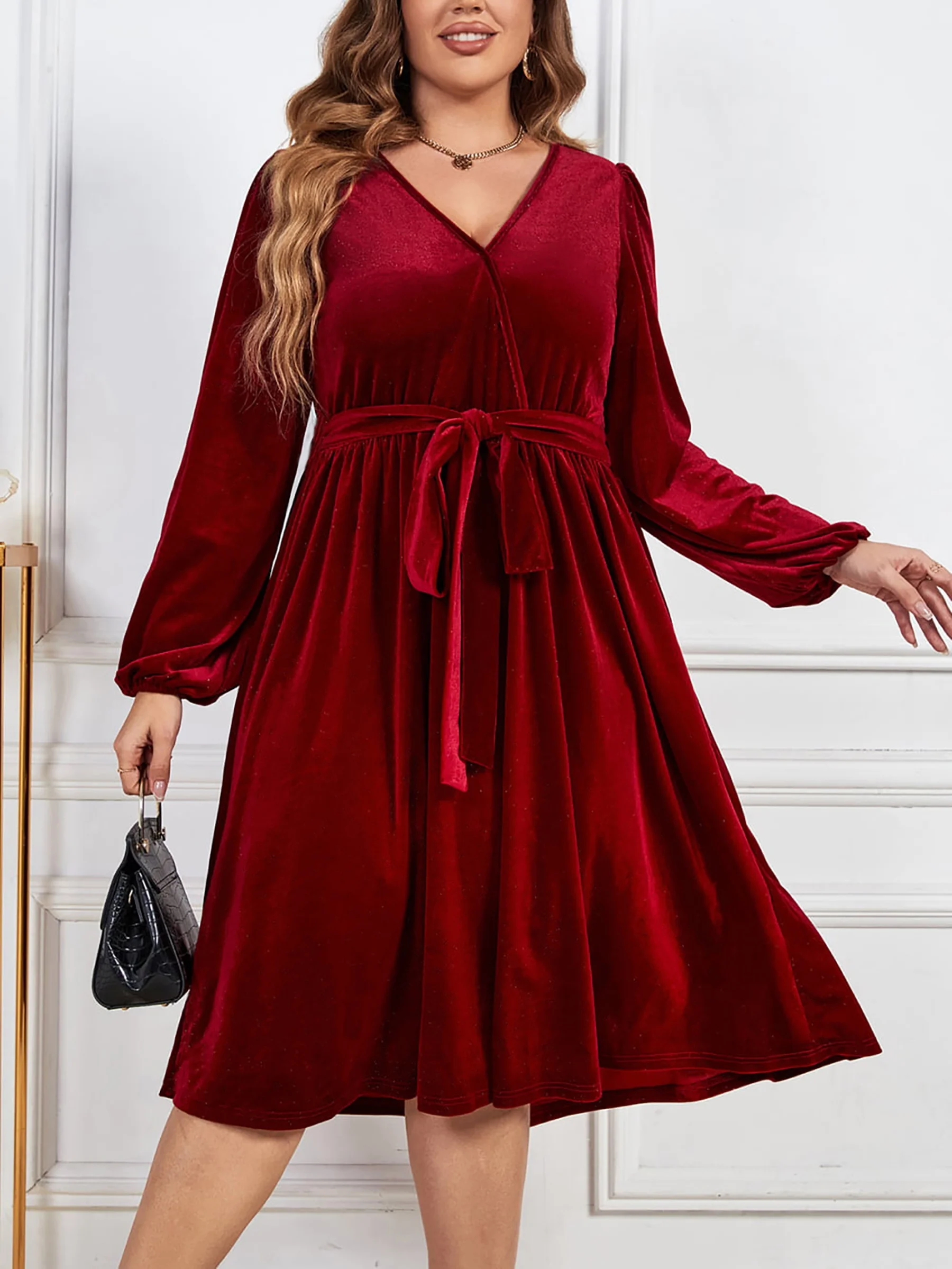 Elegant Plus Size Women's Velvet Wrap Dress with Belt for Timeless Style