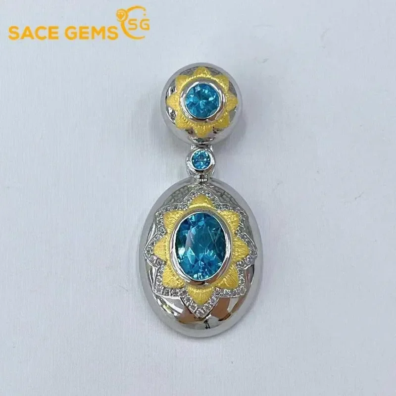 

SACE GEMS Luxury 925 Sterling Silver 6*8MM Natual Swiss Blue Topaz Pendant Necklace for Women Cocktail Party Fine Jewelry Gift