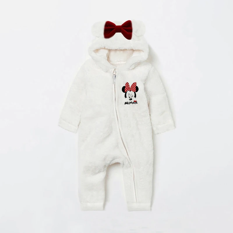 0-3Y Minnie Mouse Fleece Hooded Romper for Baby Girls Autumn Winter Mickey Toddler Boy Jumpsuit Warm Newborn Infant Clothing