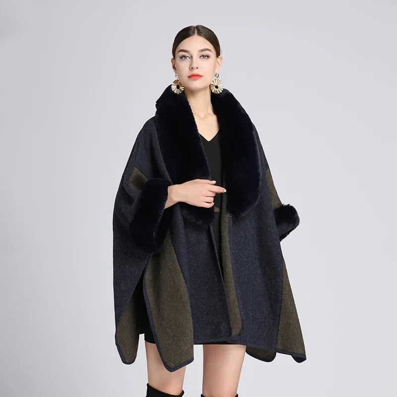 

Color Matching New Imitation Otter Rabbit Fur Collar Hooded Imitation Cashmere Loose Ponchos Women Capes Navy Cloak