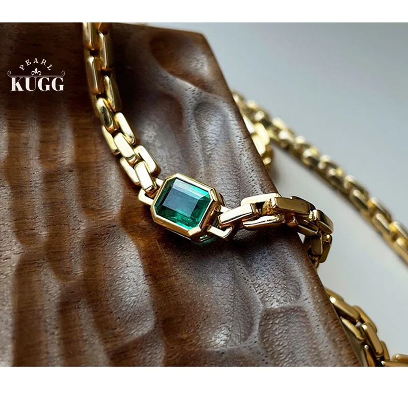 KUGG 18K Yellow Gold Necklace 20.0gram Chain Luxury Elegant Style 1.29CT Real Natural Emerald Choker for Women Senior Banquet