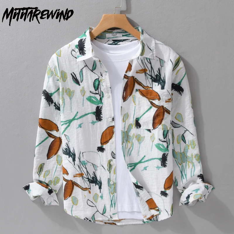 

Trend Printed Shirts Male Spring Summer Holiday Beach Causal Hawaii Shirt Lapel Linen Mens Long Sleeve Shirt Youth Loose Shirt