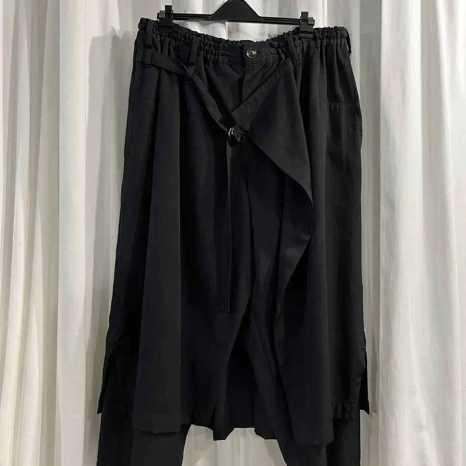 TOP-YAMAMOTO ® Mountain Style Asymmetric Patchwork Denim Pants - Black Strappy Wide-leg Pants - Deconstructed Style