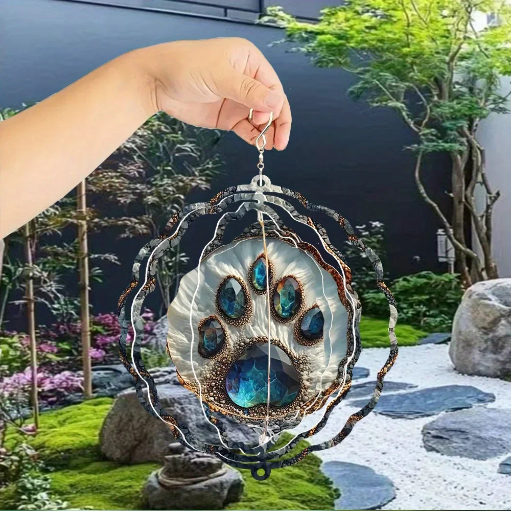 CIFBUY 3D Metal Pet Paw Wind Chime 360° Rotating Hanging Decor Outdoor Garden Art Ornament