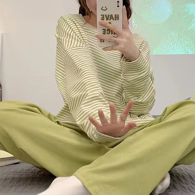 

2Pcs/set Women's Pajamas Homewear Autumn and Winter Long Sleeve Long Pants Cartoon Cute Large Size 2xl Round Neck Set Student Pa