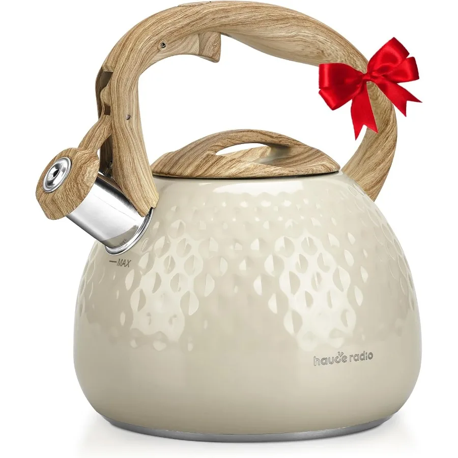 

2.5 Quart Stovetop Tea Kettle with Loud Whistle and Food Grade Stainless Steel Construction Smooth Wood Pattern Handle for Eleg