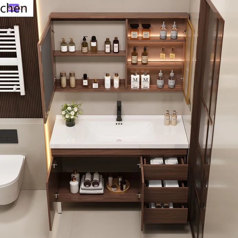 خزانة أرضية الحمام من الخشب الصلب HXL مع حوض غسيل سيراميك متكامل #4