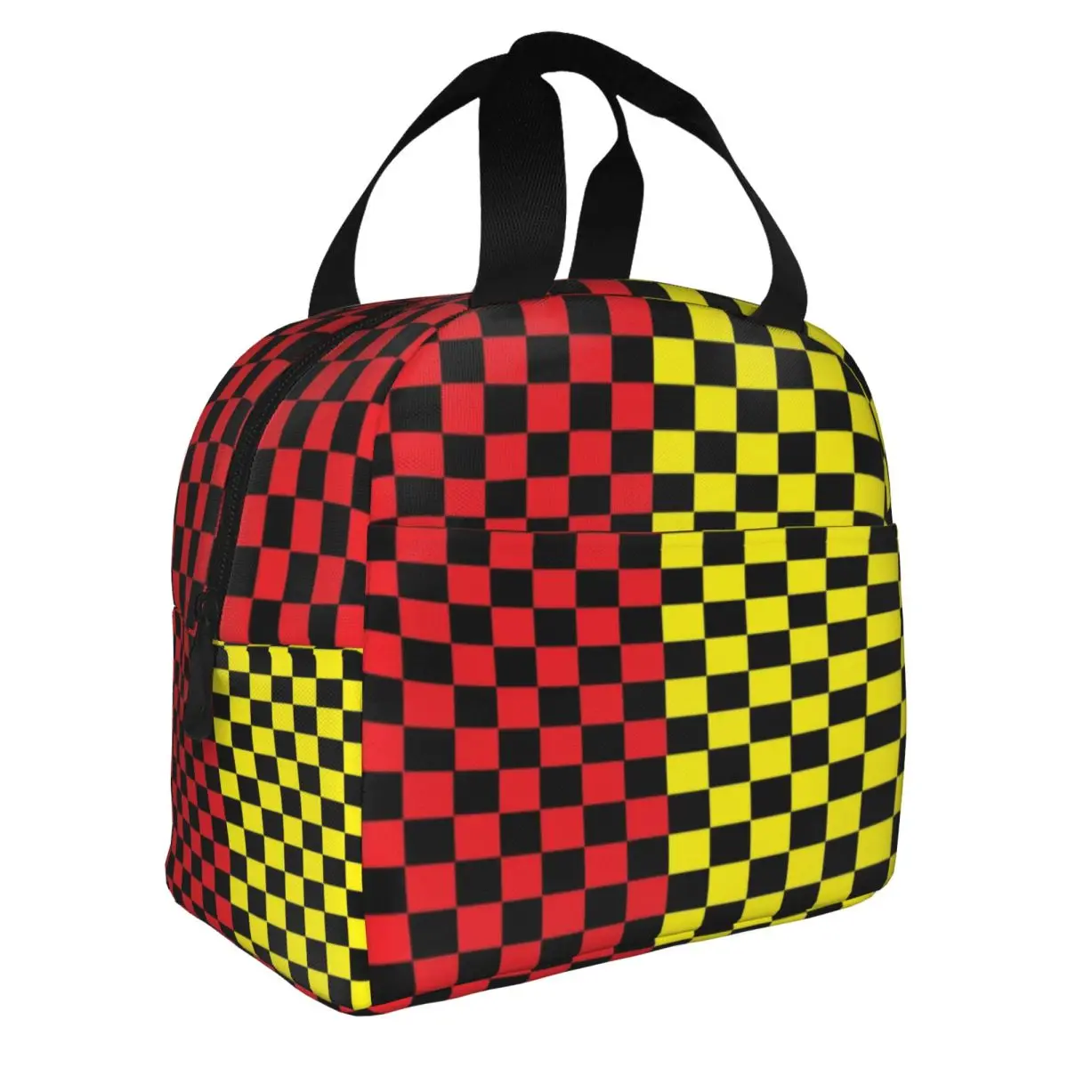 Checkerboard Red And Yellow And Black Checkered Pattern Portable Lunch Boxes Women Cooler Thermal Food Insulated Lunch Bag