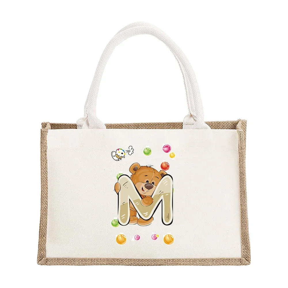 Bear Letter Name Printing Burlap Handbag Personalized Travel Gift Storage Bag Canvas Hemp Handbag Shopping Bag