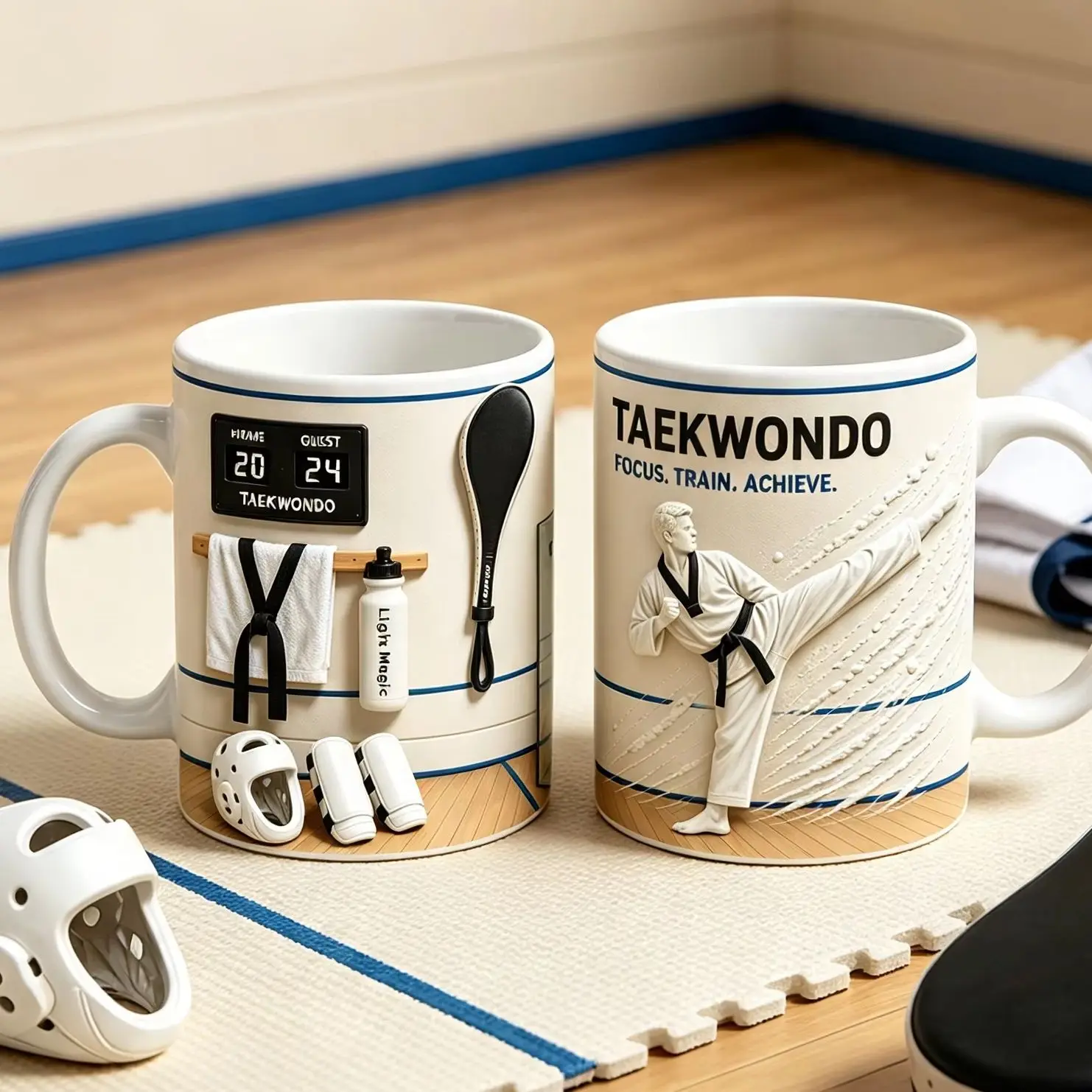 Taekwondo Ceramic Mug with Custom Name, Martial Arts Kick Pattern Cup, Karate Dojo Champion Gift for Coach Students, Black Belt
