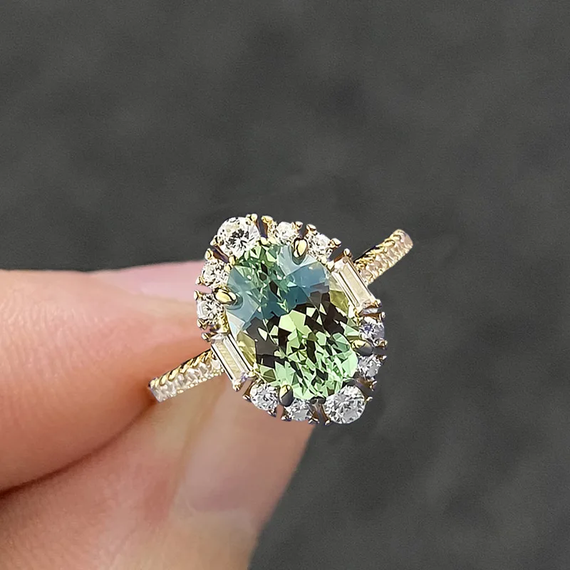 18K rose gold cultured stone new platinum PT 950 7*9mm oval light tourmaline green ring fresh light luxury retro style