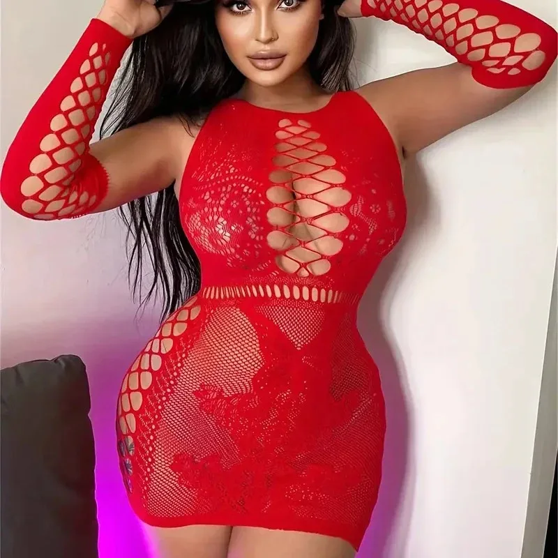 Sexy Lingerie Erotic Dresses Hot Sex Underwear Porno Intimates Pajamas Hollow Elastic Tight Mesh Lingerie Costumes Slips Dress