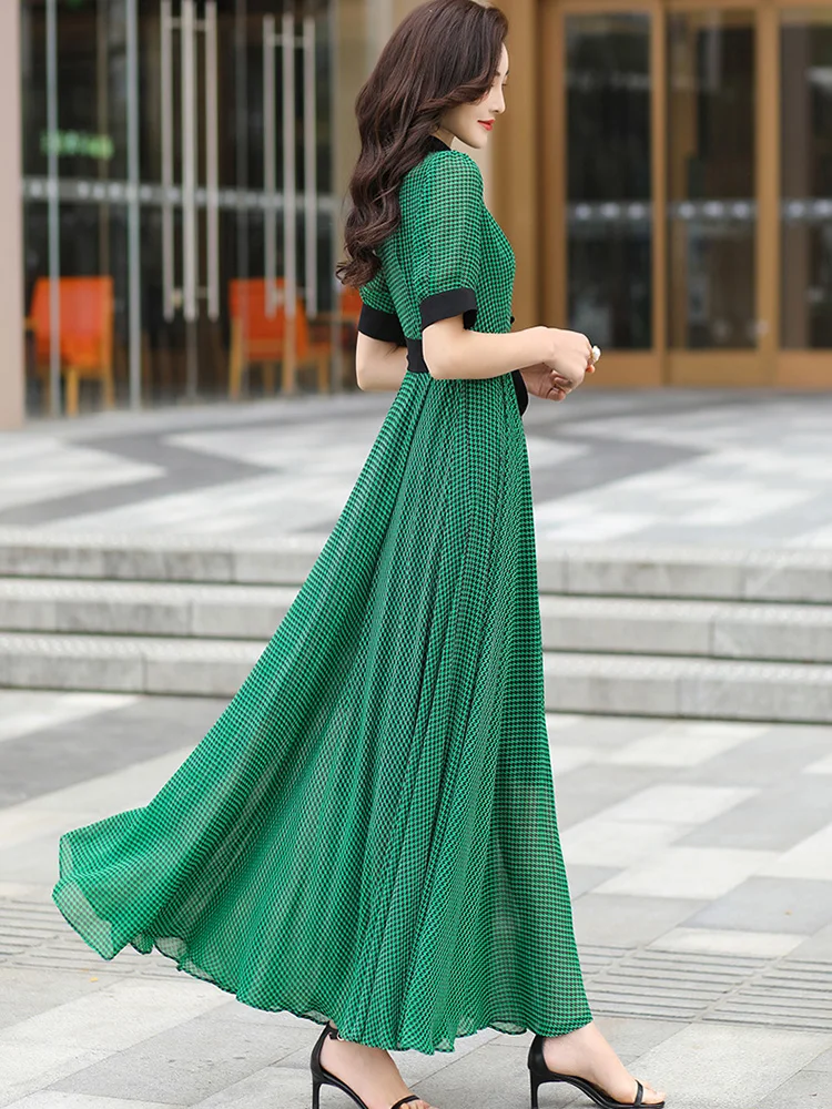 New Women Summer Green Plaid Chiffon Dress Fashion Contrast Color Turn-down Collar Short Sleeve Shirt Dress Elegant Long Dress