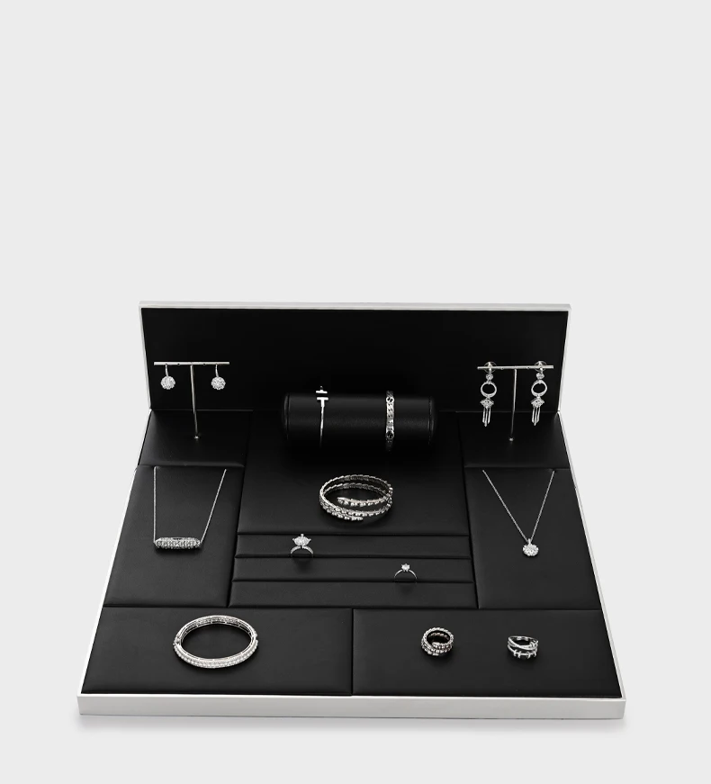 Oirlv Leder-Schmuckdisplay-Tablett Schwarz für Ringe, Ohrringe, Armbänder, Halsketten, Armreifen, Quadratisches Schmuckdisplay-Set – Detail 8
