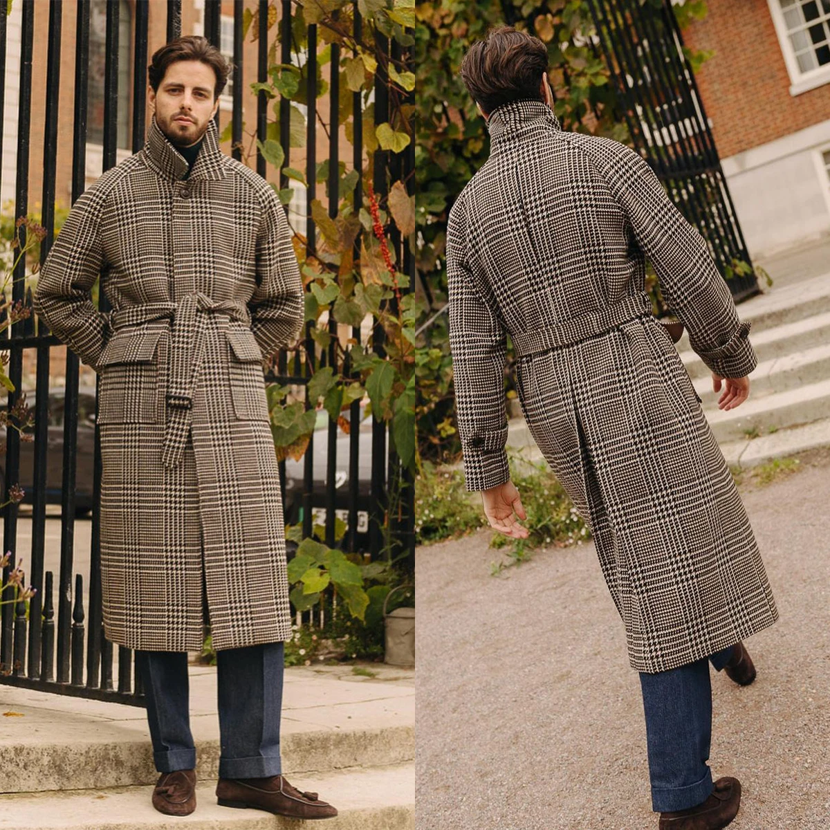 Classic Winter England Style Woolen Overcoat Men Thick Custom Made Check Coat With Belt Casual Warm Coat