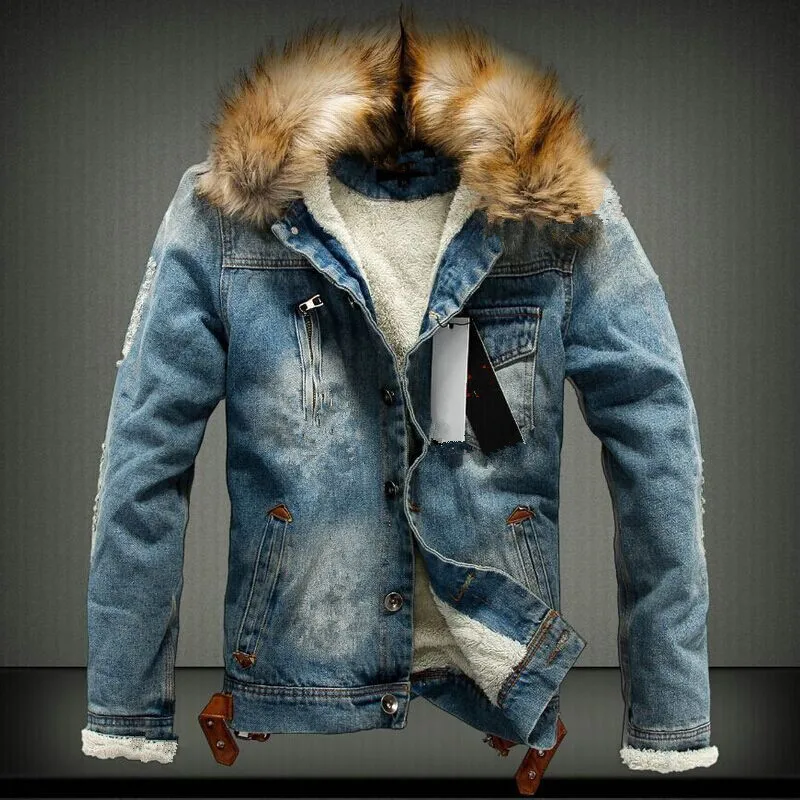 6XL Winter Thicken Warm Men's Denim Jakcet Casual Jacket Coat Fleece Vintage Oversized Fur Collar Men Jackets Clothing