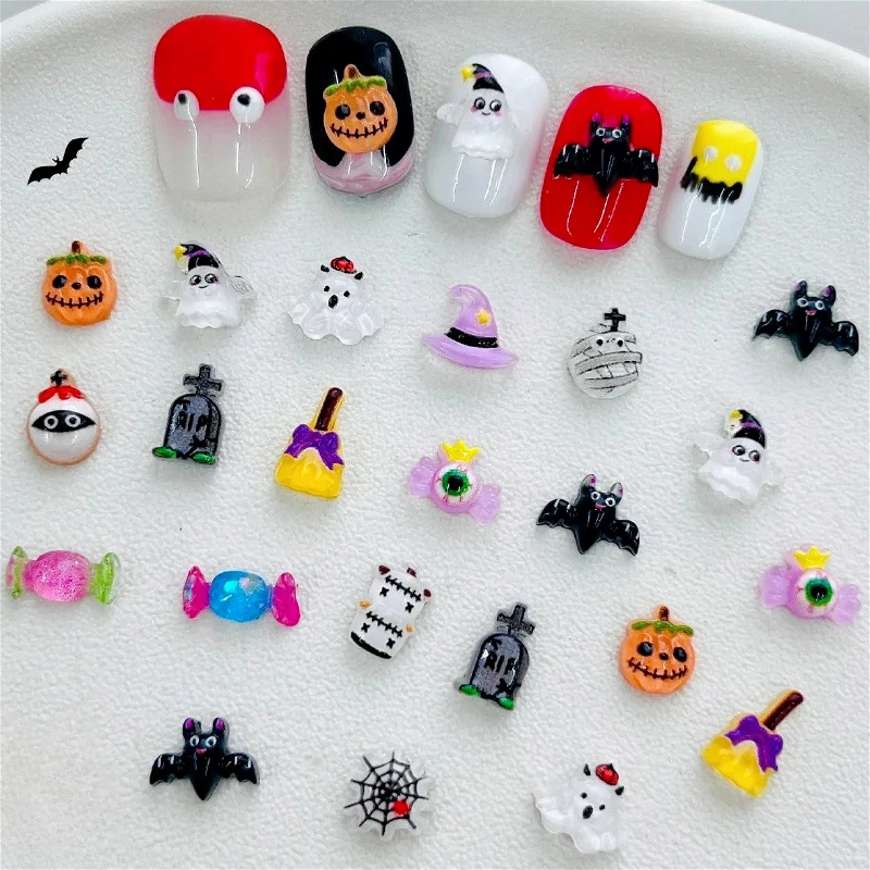 

Skull Bat Spider Web Broom Candy Pumpkin Halloween Jewelry Cherry Strawberry Star Christmas Nail Art Accessories Decoration Tool