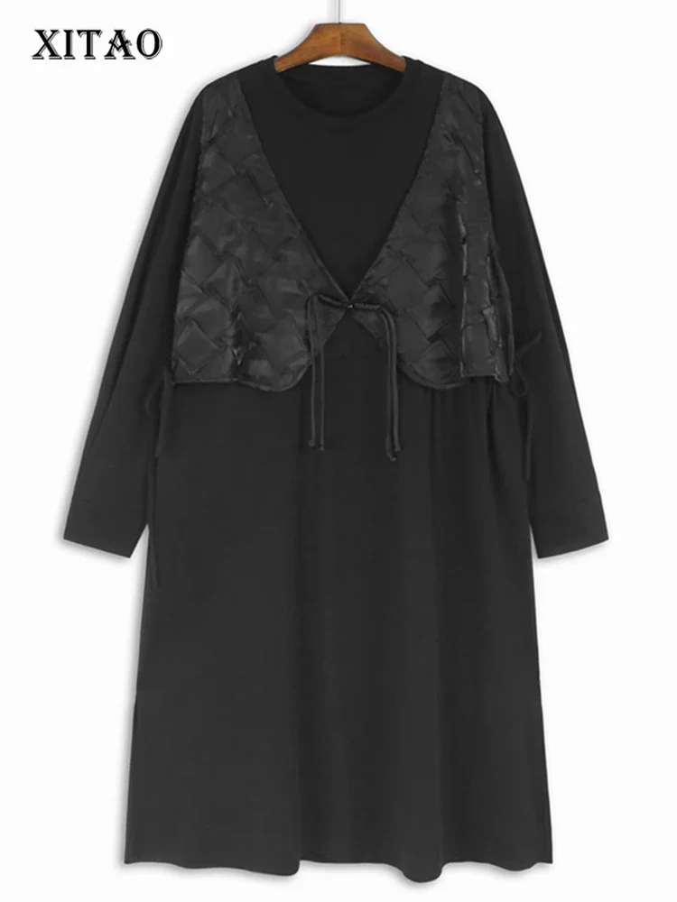 

XITAO False Two Pieces Vest Splicing Women Dress Solid Color New Chinese Style O-neck Pullover Full Sleeve Loose Dress ZYY1067