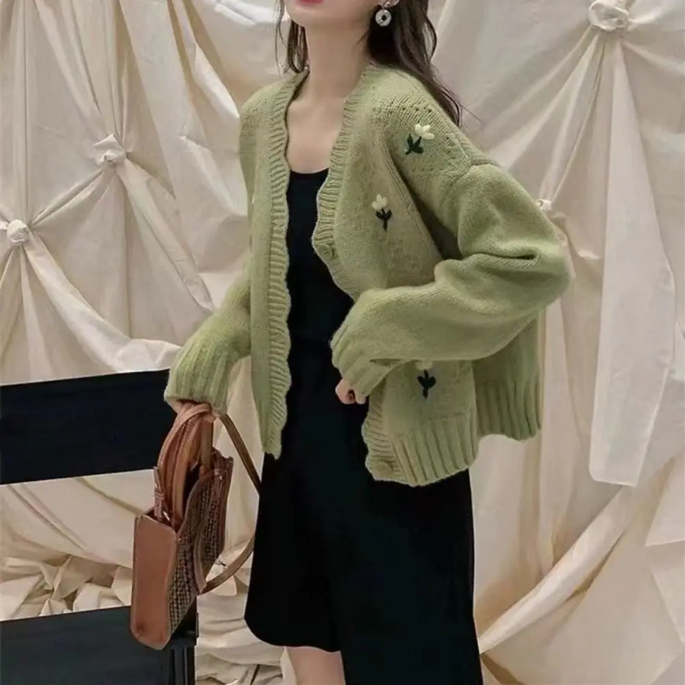 

Candy Color Short Knitted Sweater Flower Embroidery Long Sleeve Women Knitted Cardigan Slim INS Korean Style Sweater Streetwear