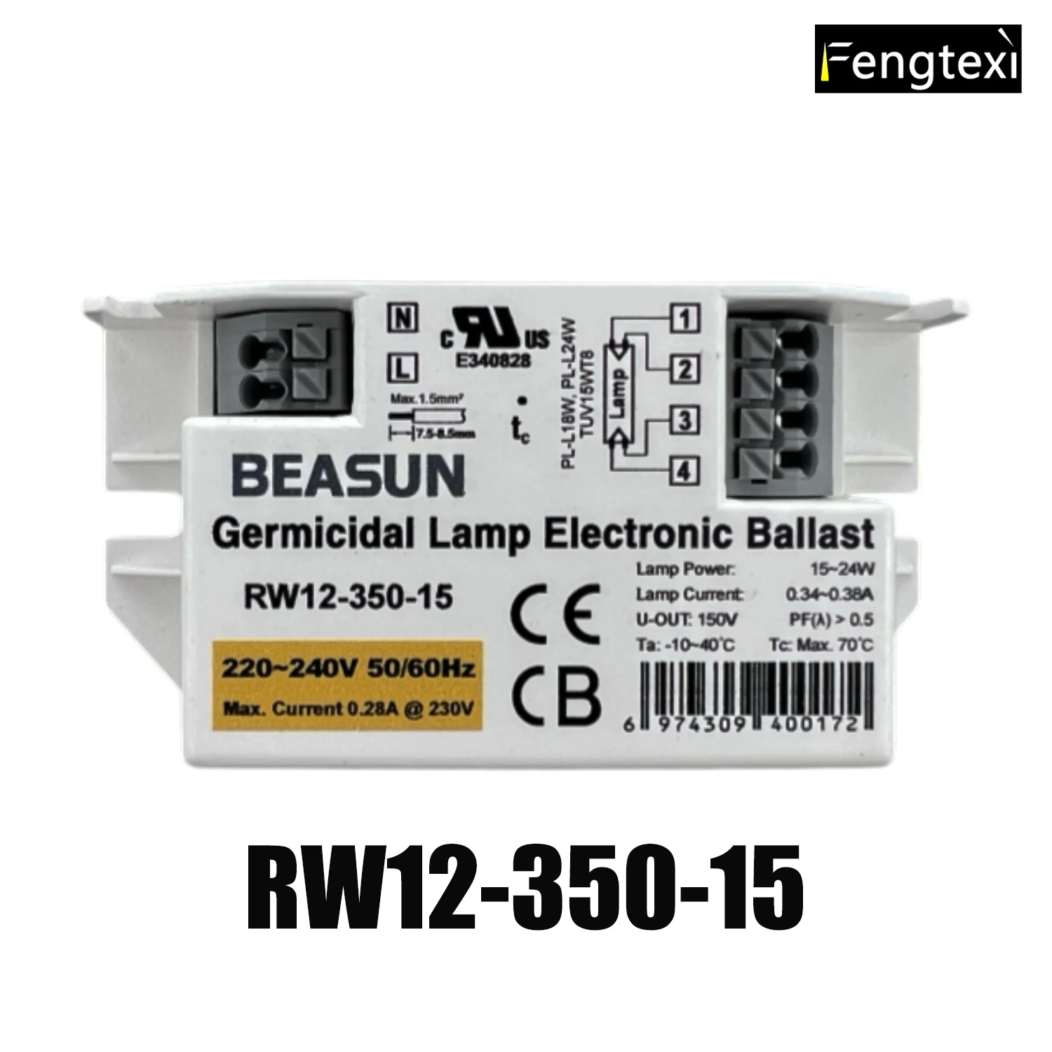 RW12 - 350 - 15 220V UV Lamp Electronic Ballast, Suitable for 15W - 24W Lamp Tubes