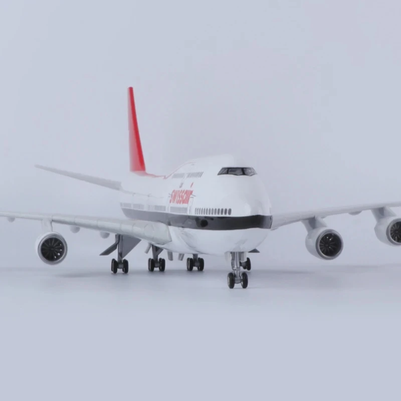 1/150 Scale 47CM Airplane 747 B747 Swissair Airline Model LED Light & Wheel Landing Gear Diecast Resin Plane Model Toy