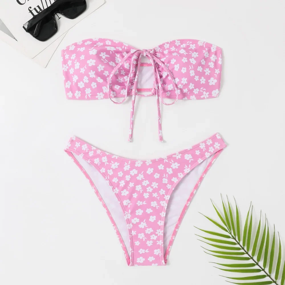 Sexy Floral Print Bandeau Swimwear Micro Thong Bikinis Set String Lace-up Swimsuit Women Bathing Suit Hollow Out Bather Biquinis