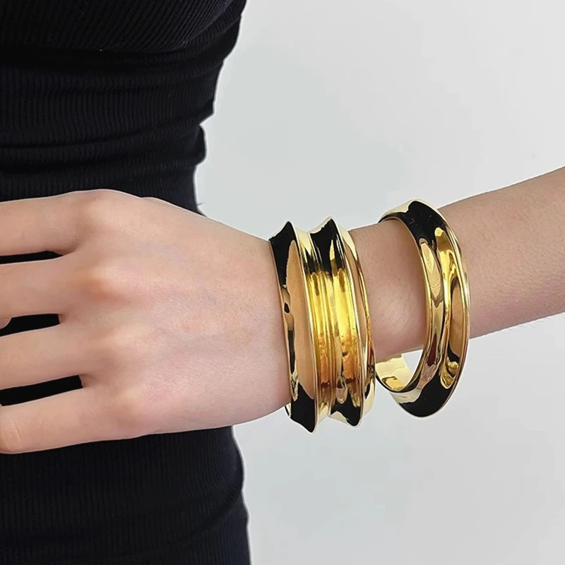 Punk Double Layer Metal Wave Smooth Chunky Open Bangles Bracelets for Women Girls Exaggerated Hip-hop TrendJewelry Gifts