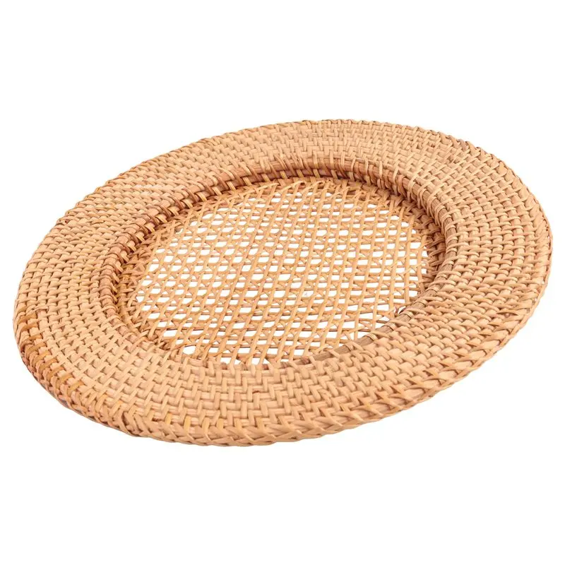 AT21-Round Placemat 13 Inch Handmade Rattan Plate Decorative Bread Snack Serving Tray Table Decoration