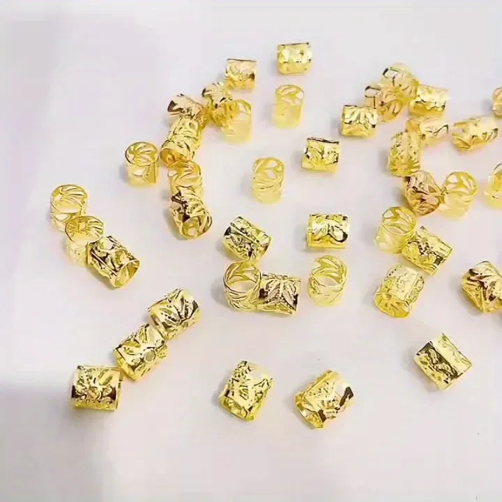 ヘアブレード用ドレッドヘアビーズ,ヒマワリのデザインクリップ,金属製の袖口のアクセサリー,透かし彫りのゴールドビーズ,40個