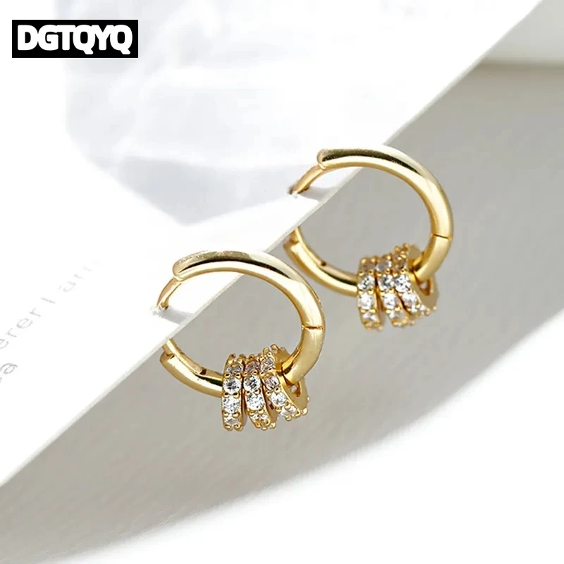 DGTQYQ Trendy Small Round Gold Color Stainless Steel Hoop Earrings for Women Zirconia CZ Triple Gear Charm Earrings Ear Buckle