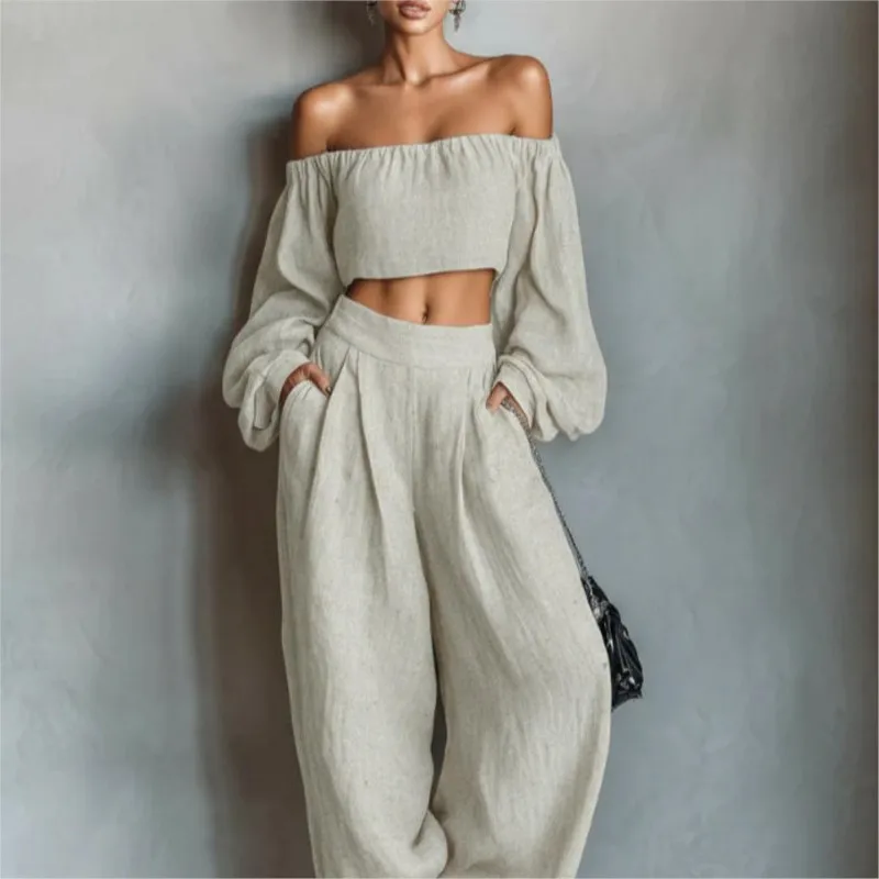 Damen Zweiteiler Langarm One-Shoulder-Top Weite Hose 2026 Neue Mode Lässiger Damen Leinen Schulterfreier Einfarbiger Anzug