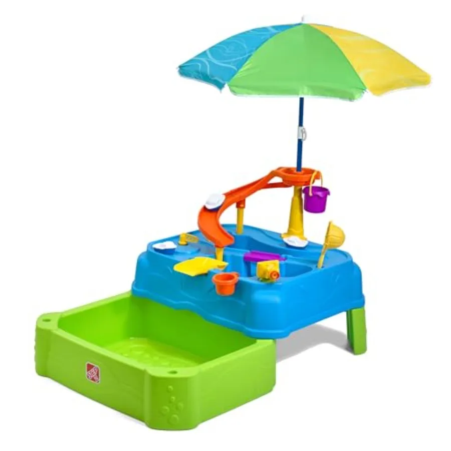 Mesa de agua de dos niveles Waterpark Wonders para jugar al aire libre en verano, plástico resistente, azul, incluye sombrilla, manguera y rociador.