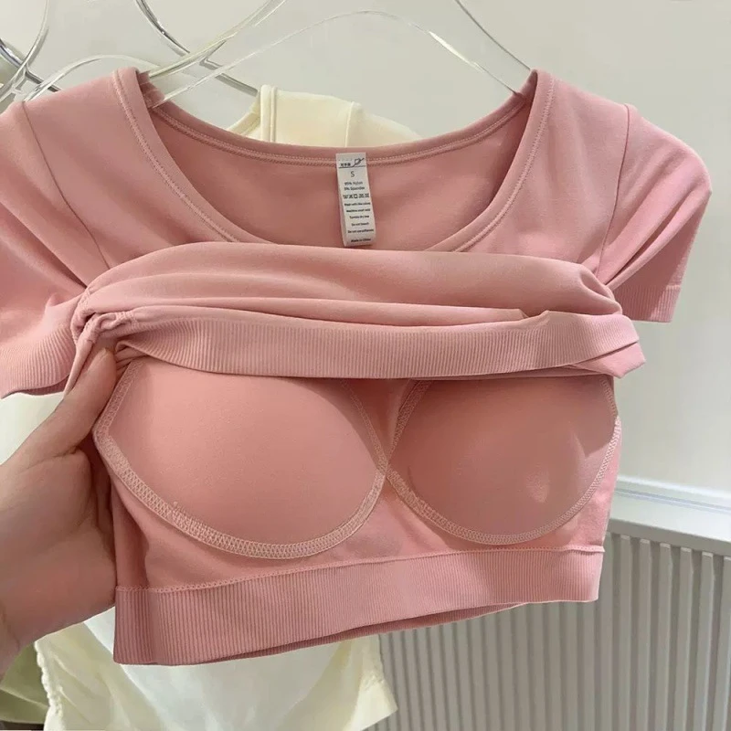 Nahtloser V-Ausschnitt mit BH-Pads, kurzärmeliges, dünnes, schlankes, einteiliges T-Shirt für Damen, Yoga-Kleidung, Fitness-Tops für Damen